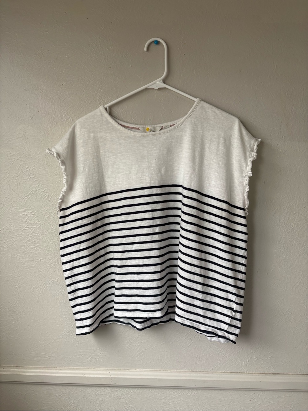 Boden White and Navy Striped Ruffle Sleeve Top